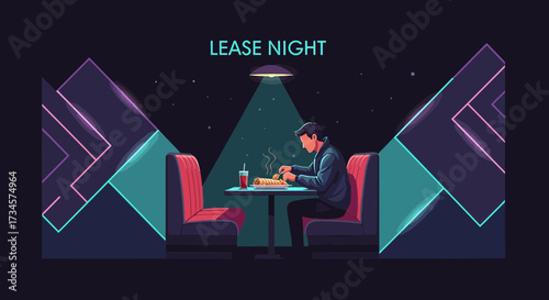 Night time dining illustration of a man eating dinner at a retro diner booth setting with