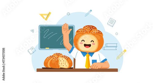 Playful bread character in classroom setting raising hand with blackboard scene