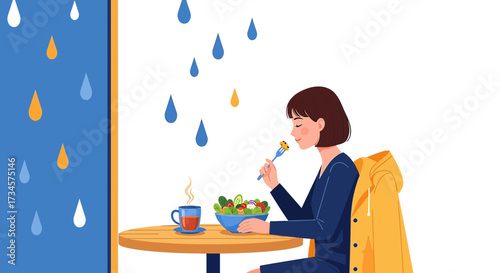 Rainy day comfort: A woman enjoys a healthy salad and warm tea indoors illustration