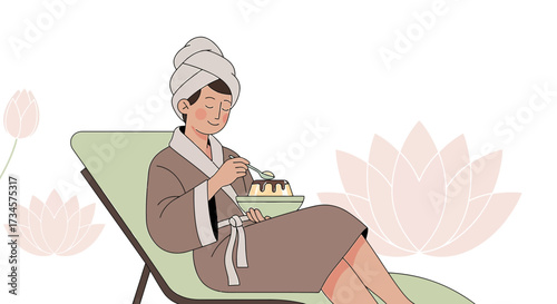 Relaxing spa day illustration featuring a woman enjoying dessert after a treatment relaxing in a spa