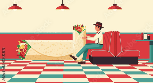 Retro diner scene with man enjoying oversized burrito featuring vibrant colors and playful design