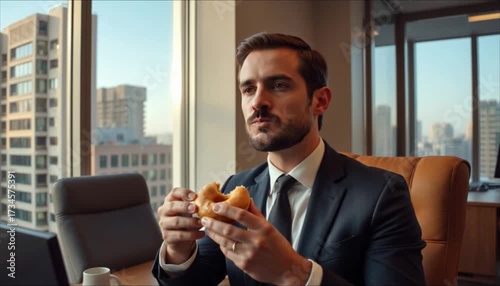 Man holding donut in office while sitting by window in daytime  
