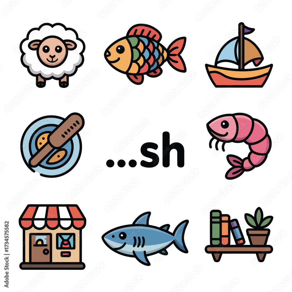 Fototapeta premium Cute cartoon icons featuring sheep fish ship plate text shark shrimp shop bookshelf for kids learning