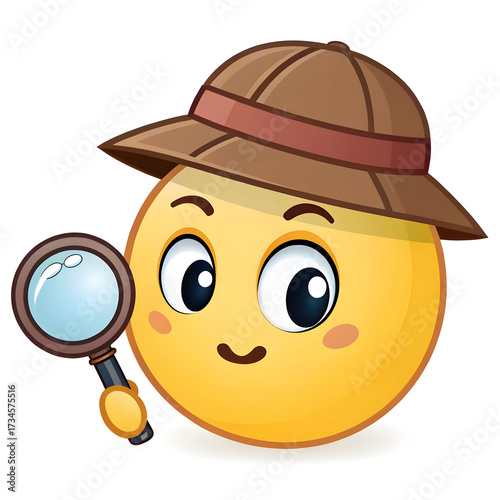 Face with detective hat and magnifying glass emoji style isolated on white background used for mystery, investigation,