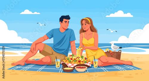Romantic beach picnic: A couple enjoys nachos and drinks on a sunny day near the ocean