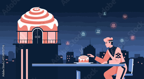 Rooftop pastry shop with a man enjoying a pastry with city skyline and digital icons