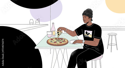 Stylish young woman enjoying pizza with beverage in a modern cafe setting with design elements