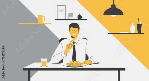 Stylized illustration of a man having lunch in a modern office setting with geometric background
