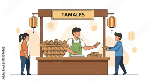 Traditional Mexican tamales stand with vendors serving customers under lantern light representing