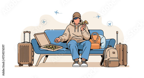 Traveler enjoying pizza at the airport lounge before boarding flight departure gate