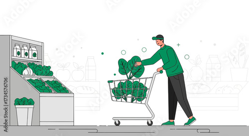 Vector illustration showcasing a man shopping for fresh produce at the grocery store