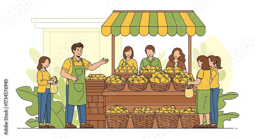 Vibrant Mango Market: Cheerful Vendors Selling Fresh Produce to Eager Customers Illustration