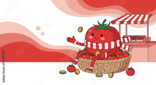 Whimsical cartoon illustration of a tomato character enjoying financial success in the market