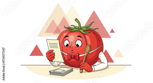 Whimsical tomato chef reading a recipe with geometric background illustration