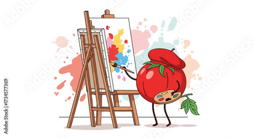 Whimsical Tomato Artist Painting on Canvas with Vibrant Splashes of Color illustration