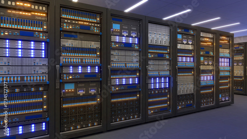 Black storage and processing unit, large AI processing server room, data center storage and network processing room, SSD and hard disk drive storage, and processor cooling system,3D rendering