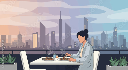 Woman enjoying a meal with cityscape backdrop creating an urban dining experience illustration