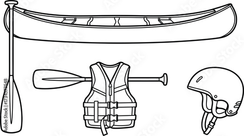 Vector art of canoe equipment with paddle and helmet