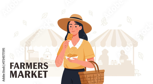 Woman enjoying waffles at a vibrant farmers market Illustration for fresh produce market visit