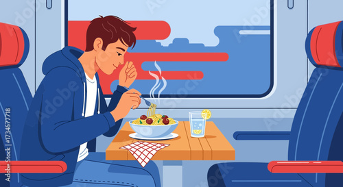 Young man enjoys a meal on a train journey showcasing comfort and convenience of travel