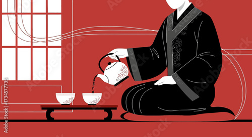 Zen moment illustration featuring a serene tea ceremony in a traditional setting