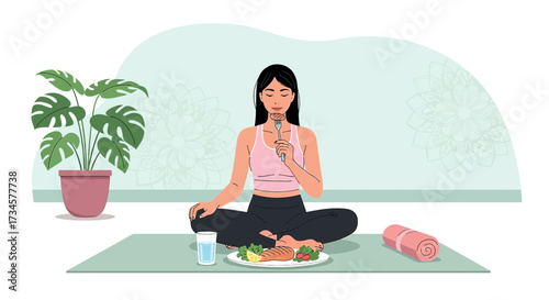 Young woman enjoying healthy meal after yoga session emphasizing wellness and mindfulness