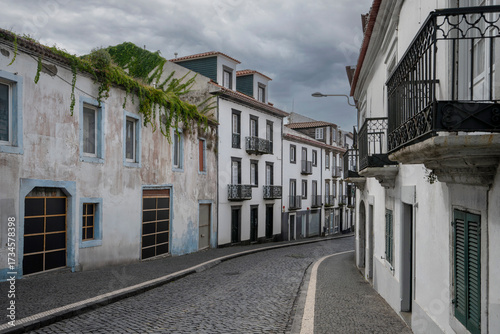 Perspective view of a street in Ponta Delgada on the island of Sao Miguel in the Azores
