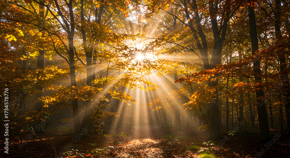Obraz premium Autumn forest with sunlight rays filtering through trees 