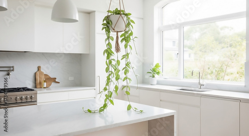A beautiful air-purifying indoor plant hangs in a modern, light-filled kitchen, adding a touch of vibrant green to the minimalist decor