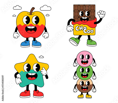 A collection of four colorful retro cartoon mascot characters: an apple, a chocolate bar, a star, and stacked sweets.