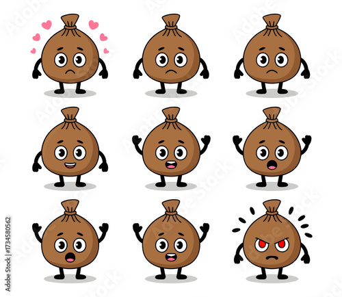 Nine cartoon dumplings with different facial expressions, showing various emotions and feelings.
