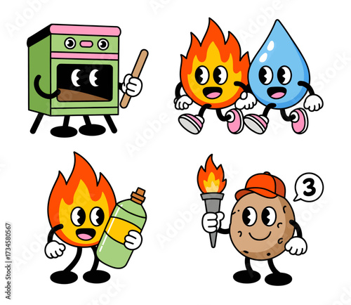 A collection of four cartoon illustrations featuring anthropomorphic characters representing elements and objects related to heat and cooking.