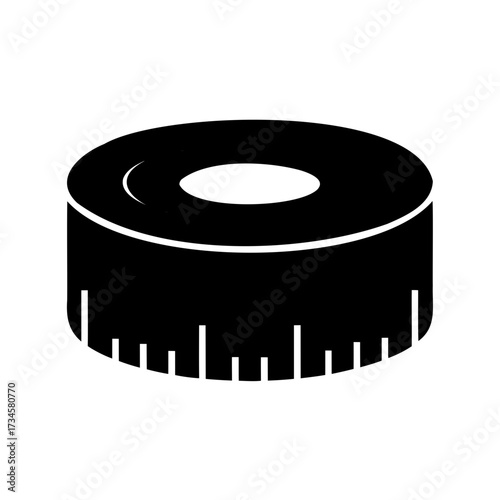 Black and white illustration of a measuring tape reel for sewing purposes