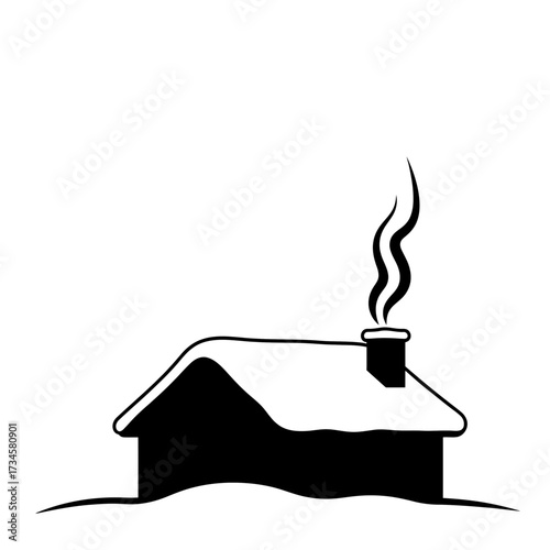 Snowy cabin with smoke from chimney illustration