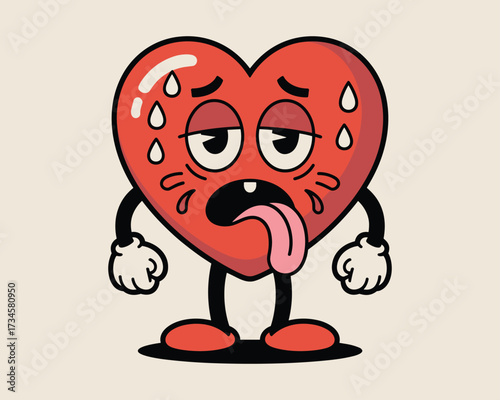 Tired cartoon heart character with tongue out