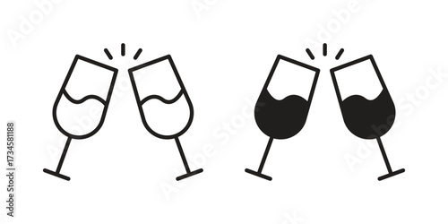 Wine toast icons in line stroke outline art and clip art
