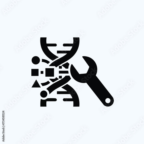 Close-up of a DNA strand with a wrench symbolizing genetic engineering and biotechnology research