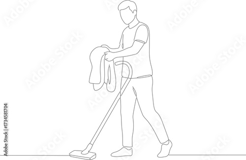 Simple Outline of Man Vacuuming with Laundry in Hand Illustration
