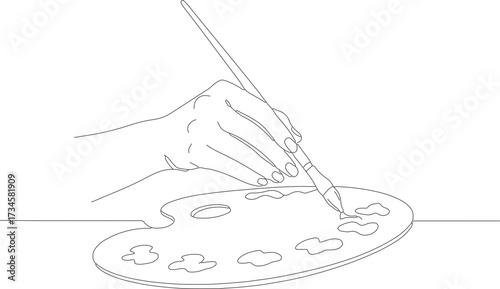 Minimalist Line Art Hand Holding Brush Painting on Palette Illustration