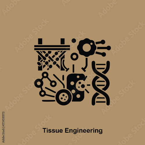 Detailed depiction of tissue engineering concepts including cellular structures, scaffolds, DNA strands, and biological components for regenerative medicine