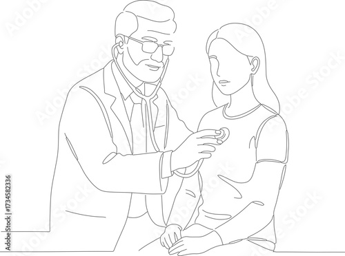 Simple Outline Line Art Doctor Examining Young Woman Patient Illustration