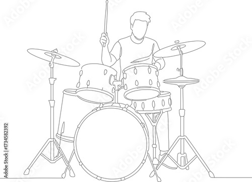 Minimalist Single Line Drawing Drum Kit Player Musician Performance Outline