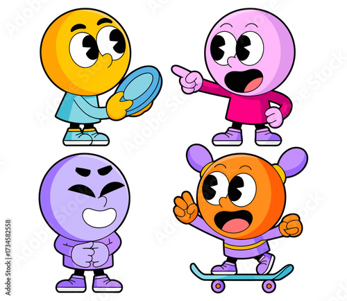 A collection of four colorful, round-headed cartoon characters in a retro style, engaged in various playful activities.