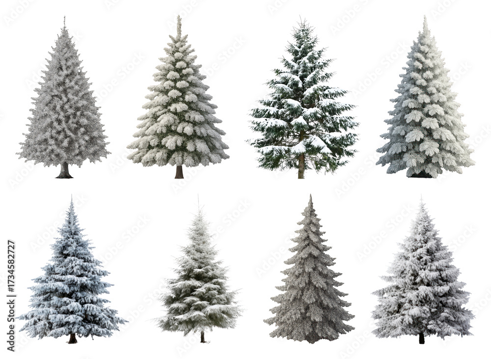 Obraz premium PNG Diverse snowy evergreen trees, element set on transparent background