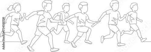 Minimalist Line Drawing Children Running Relay Race Sport Illustration