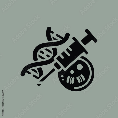 Medical research concept featuring a DNA helix, a syringe, and a petri dish illustrating scientific experimentation and biotechnology