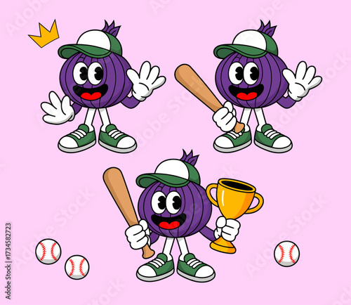 Cartoon baseball onion characters with bat, trophy, and crown.