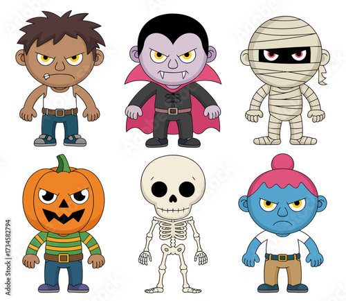 Six cute cartoon Halloween characters including a monster, vampire, mummy, pumpkin, skeleton, and blue creature on a white background.