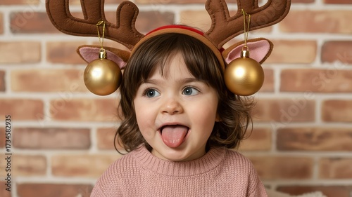  Playful holiday portrait of child in pink sweater and reindeer antler headpiece with gold ornaments, tongue out 