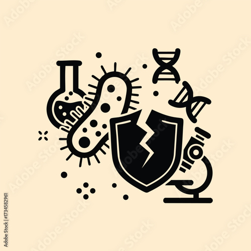 Abstract representation of microbiology with a shield, DNA strand, and bacteria symbols emphasizing health and science concepts